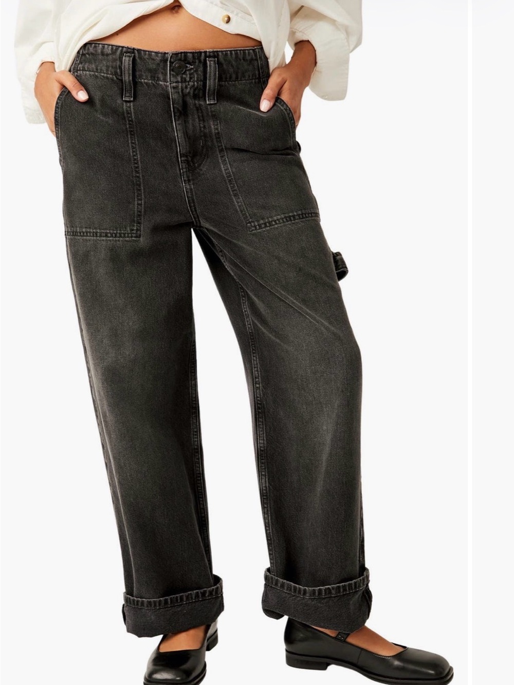 We The Free People Major Leagues Jean 27 Black Carpenter Utility Wide Leg Buckle